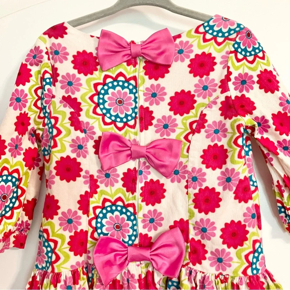 Bonnie Jean long-sleeve white corduroy floral pink bow‎ dress girls Sz 4T